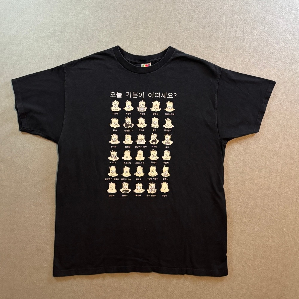 VTG Fruit of the Loom Korean Mood Chart Graphic T Shirt Mens XL Black Y2K